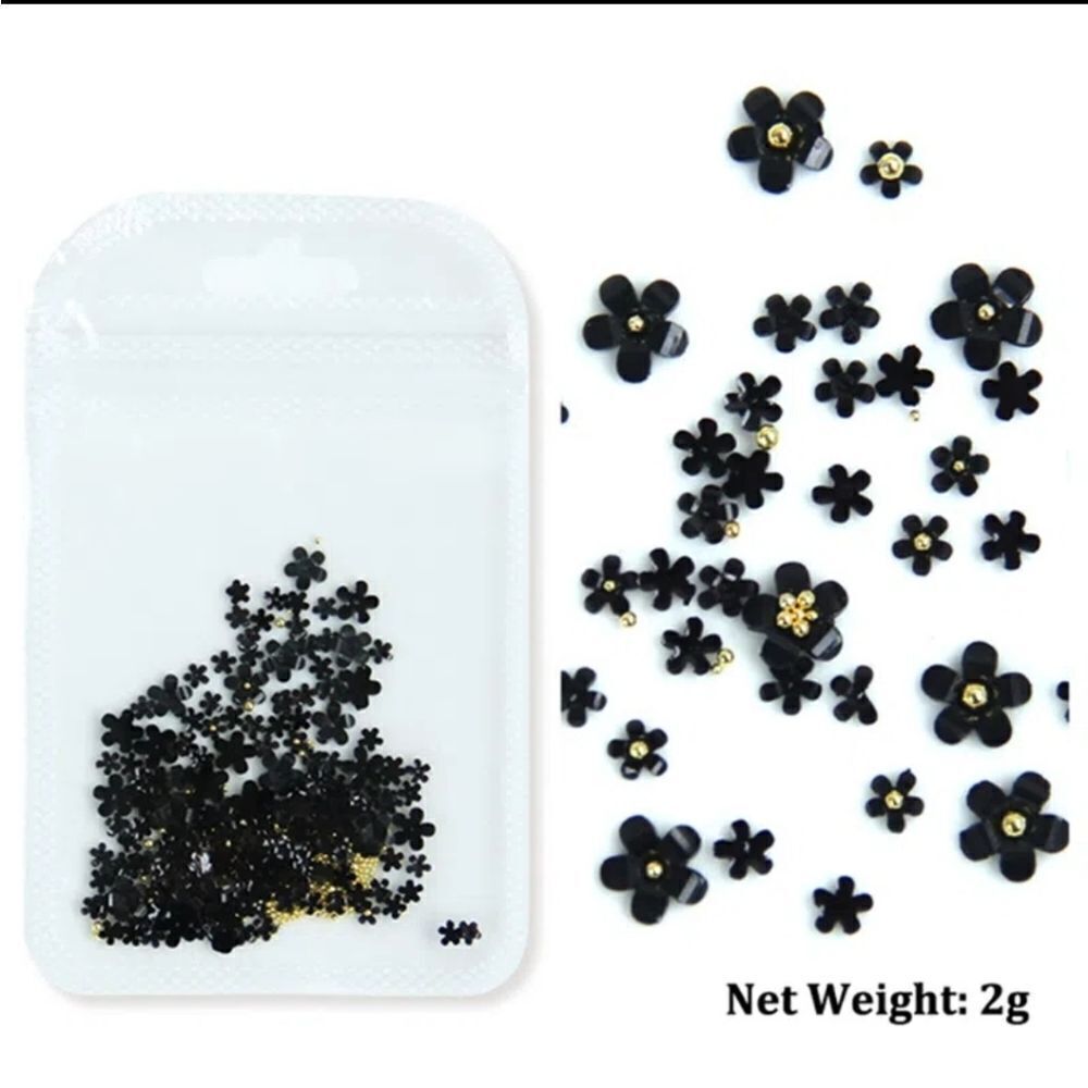 Black Resin Flowers w/gold Beads Nail Art
